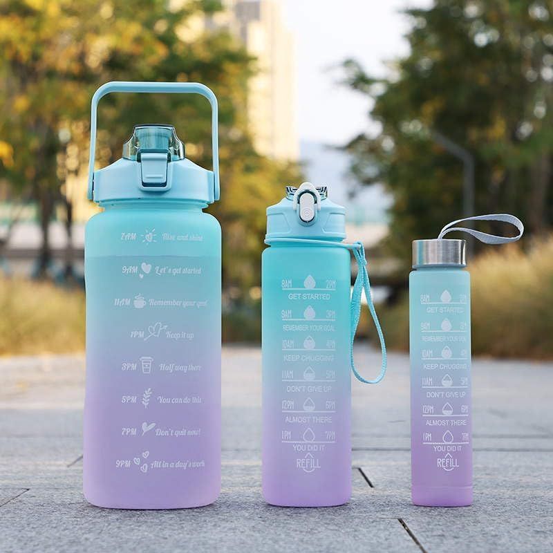 Sports Water Bottles 3 Pcs Set with Motivational Time Marker &amp; Leak Proof Flip Top Lid  (random color) View Gallery - Pakistan