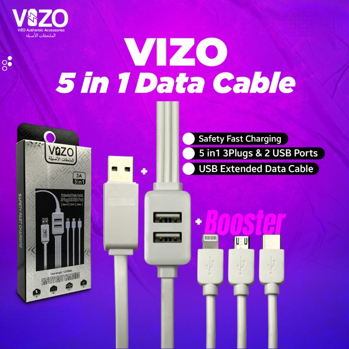 Vizo 5-in-1 Fast Data Cable Safety Fast Charging 5 in 1 USB Port 3 plugs and 2 USB ports Fast Data Cable