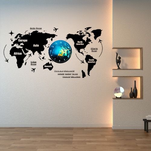 3D Wooden World Map With Esthetic Dial Wall Clock  | Best Quality Wall Clock For Home Decor | Home Decor Clock 40 inch View Gallery - Pakistan