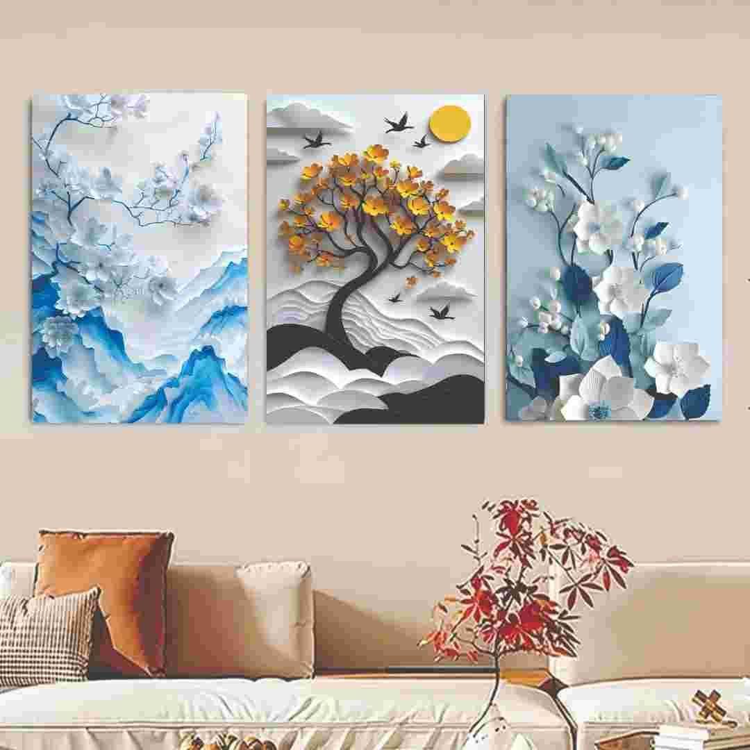 Set Of 3 Flower Tree Art Wooden Frames For Wall Decoration / Sticky Photo Tile