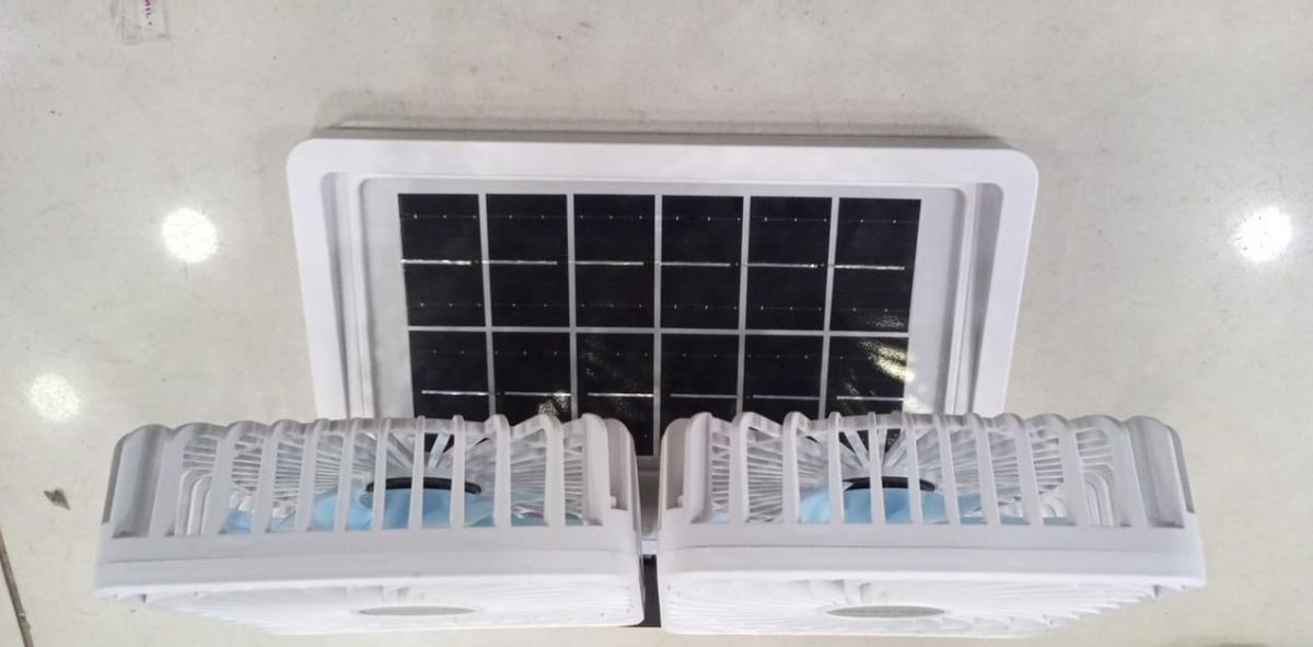 Double Head Solar Portable Desktop Air Conditioning Fan | Double Head Solar Fan - Rechargeable Fan Strong Cold Air Fast Cooling USB Fan for Indoor/Outdoor (Random Color) View Gallery - Pakistan