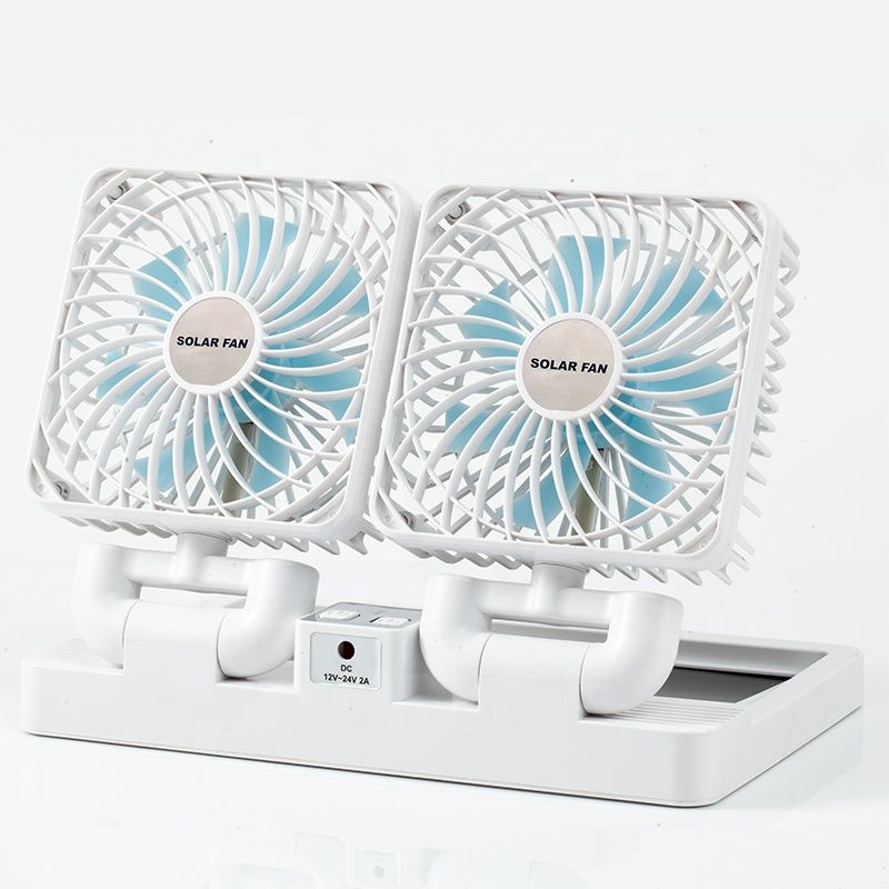 Double Head Solar Portable Desktop Air Conditioning Fan | Double Head Solar Fan - Rechargeable Fan Strong Cold Air Fast Cooling USB Fan for Indoor/Outdoor (Random Color) View Gallery - Pakistan