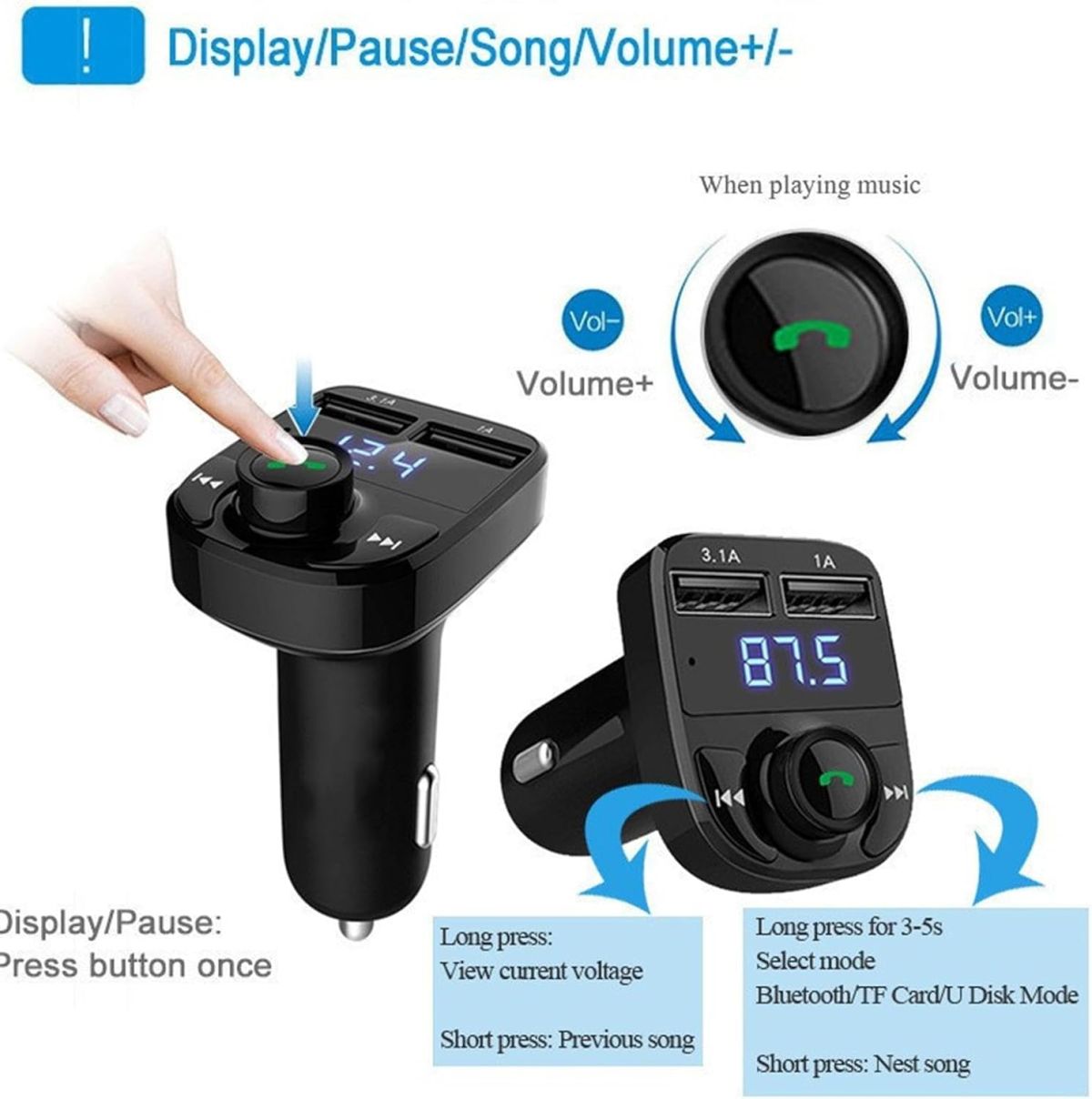 X8 - Multifunctional Car Mp3 Player | Car Wireless FM Transmitter | Car Mp3 Modulator - 3.1A | Car Accessories ( Random Color ) View Gallery - Pakistan