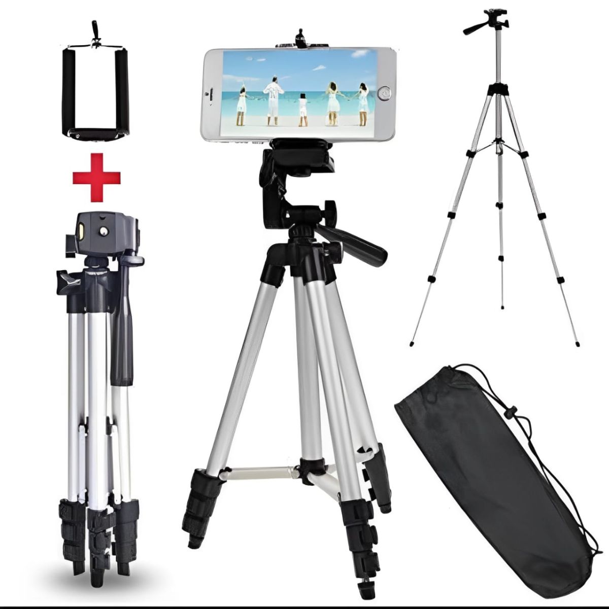 Pack Of 03 3.5 Feet Adjustable Tripod Stand for Mobile Phones and Cameras with Mobile Holder, Portable DSLR Stand for Vlogging, Universal Silver Model 3110 and Bag View Gallery - Pakistan