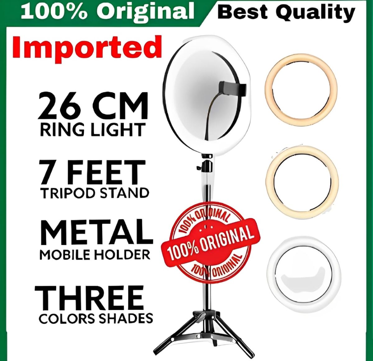 26CM LED Ring Light with Mobile Holder, 7ft Tripod Stand, 3 Light Colors, Dimmable USB Selfie Ring Light for Videography and Photography View Gallery - Pakistan