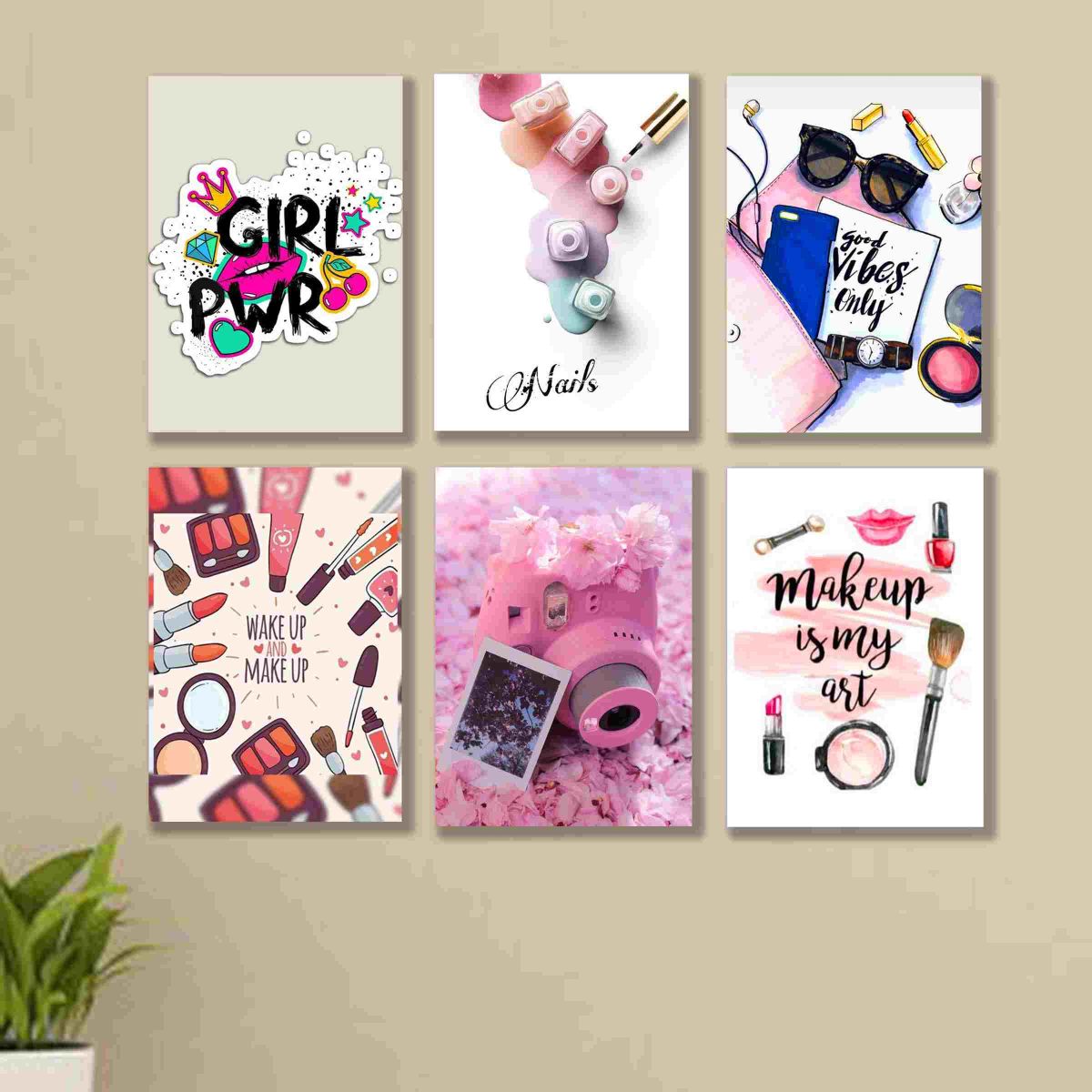 set of 6 make up themed girls room decore wall art wooden sticky Phototile frames