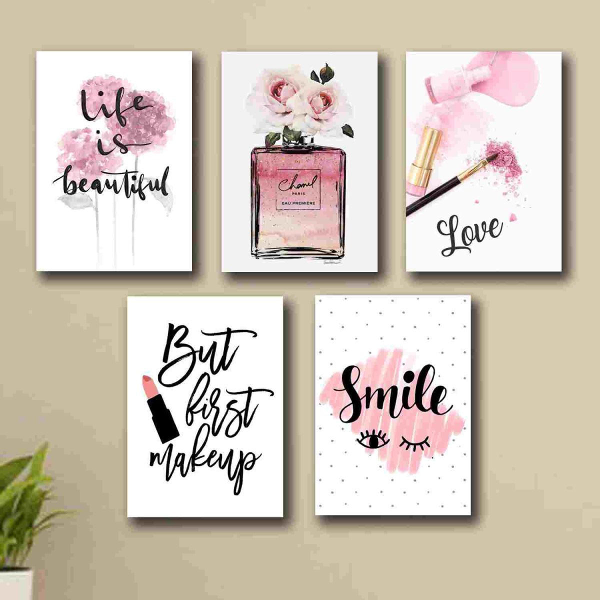 set of 5 make up themed girls room decore wall art wooden sticky Phototile frames