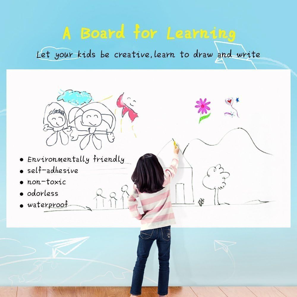 Self-Adhesive Whiteboard Wall Decal Sticker | Strong &amp;amp; Durable Dry Erase Wall Paper | Message Board Peel Stick White Board with 1 Marker for Kids Drawing