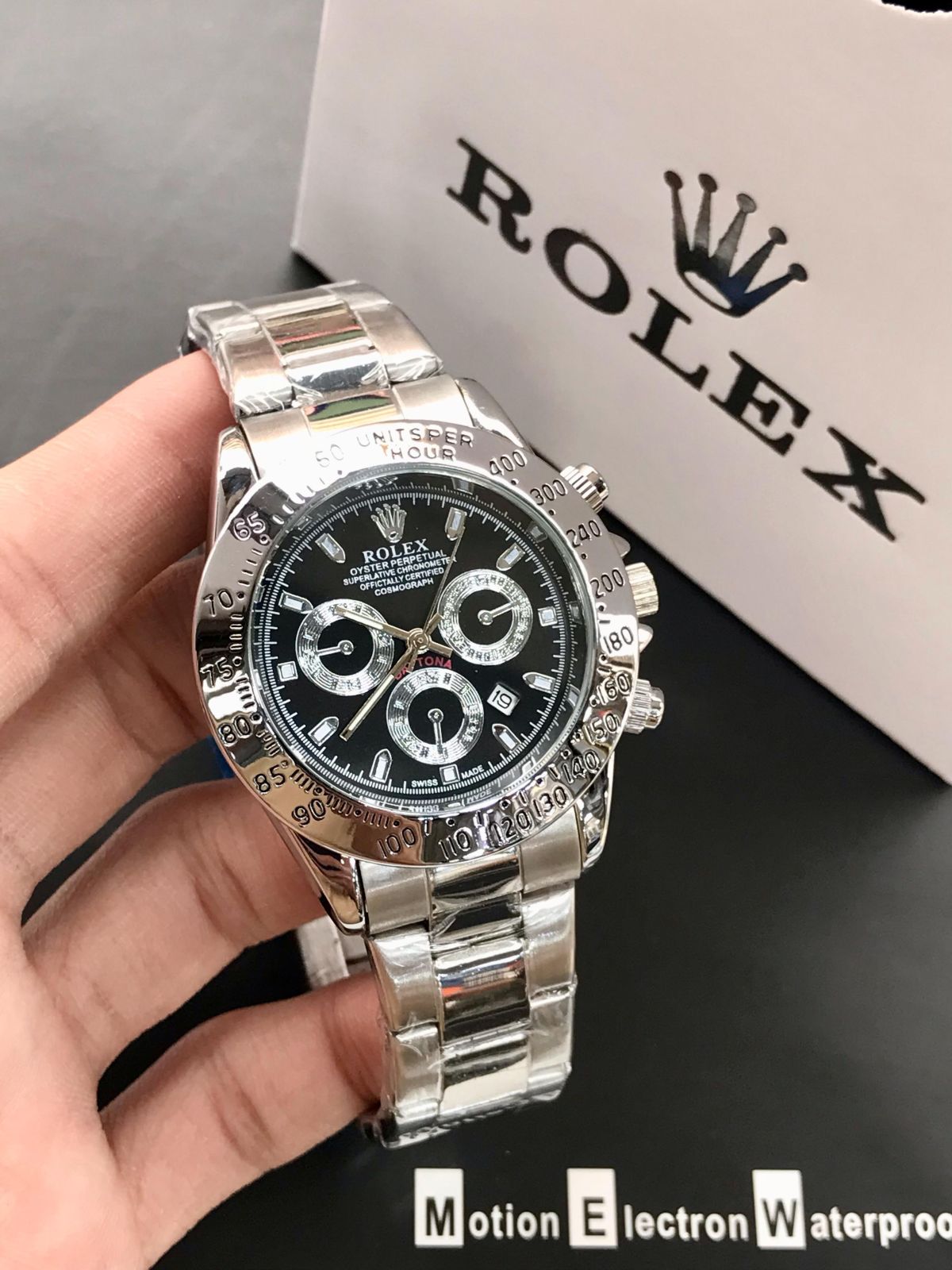Rolex Daytona Rotating Bezel Quartz Machine | Quartz Chronograph Movement Silver Stainless Steel Strap Watch With Master Lock For Men ( Without Box ) View Gallery - Pakistan