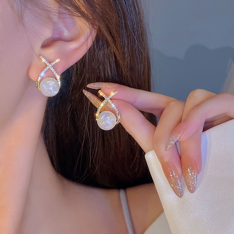 Elegant Golden Cross Pearl Zircon Earings Pearl Stud Earrings Women Personality Fashion Unique Design Earrings | Earrings for Women Fashion | Luxury Look Artificial Earrings | Women Earrings View Gallery - Pakistan