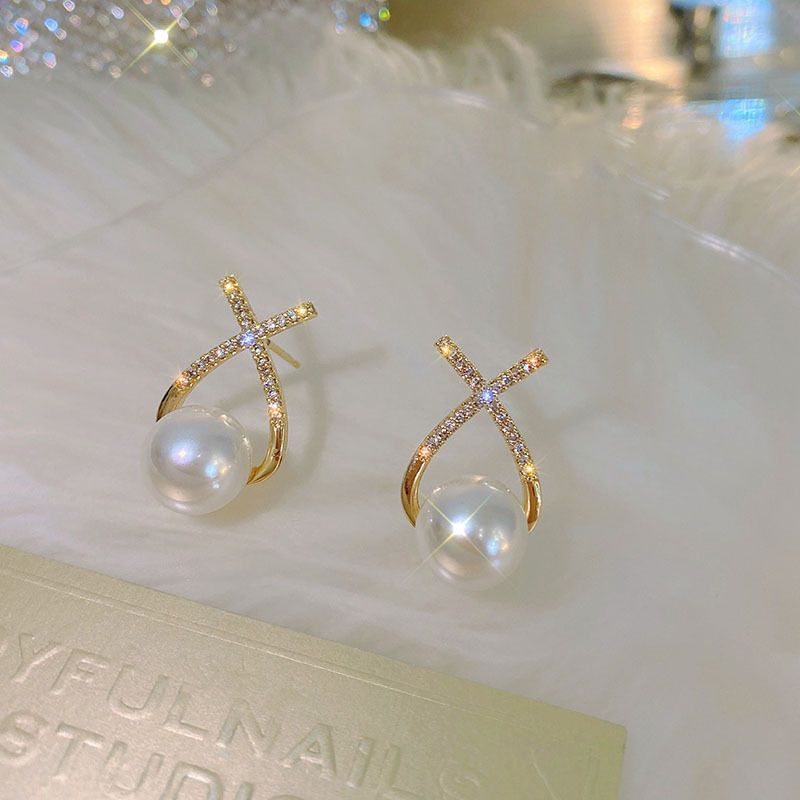 Elegant Golden Cross Pearl Zircon Earings Pearl Stud Earrings Women Personality Fashion Unique Design Earrings | Earrings for Women Fashion | Luxury Look Artificial Earrings | Women Earrings View Gallery - Pakistan