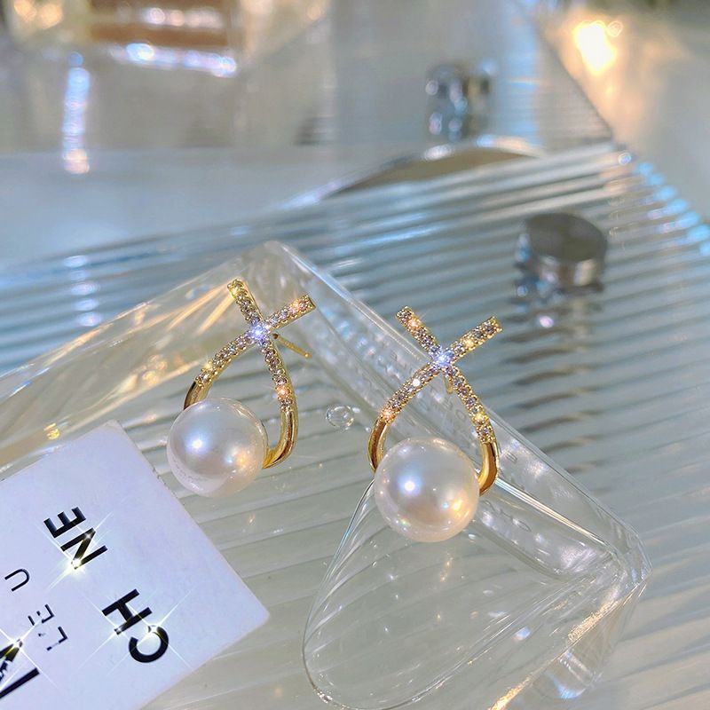 Elegant Golden Cross Pearl Zircon Earings Pearl Stud Earrings Women Personality Fashion Unique Design Earrings | Earrings for Women Fashion | Luxury Look Artificial Earrings | Women Earrings View Gallery - Pakistan