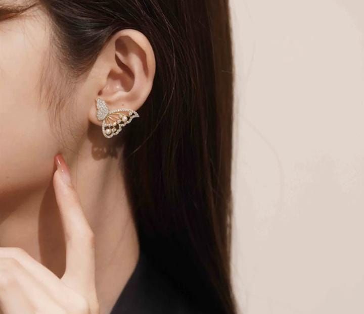 Korean Zircon And Pearl Butterfly front back earrings | Luxury Look Artificial Earrings | Girls Earrings | Women Earrings