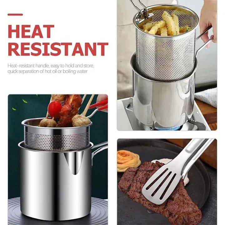 Stainless Steel Deep Fryer Frying Pot With Strainer 12ML Capacity | Basket Deep Fryer Pot for Baking Frying Boiling Home Kitchen View Gallery - Pakistan