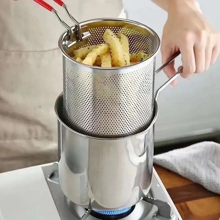 Stainless Steel Deep Fryer Frying Pot With Strainer 12ML Capacity | Basket Deep Fryer Pot for Baking Frying Boiling Home Kitchen View Gallery - Pakistan