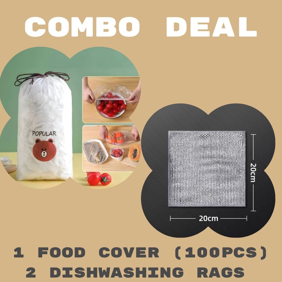 Combo Deal Disposable Food Cover Plastic Wrap 100 Pcs + 2 Pcs Dishwashing Rug | Reusable elastic food storage covers &amp;amp; Metal Wire Dish Washing Rugs For Kitchen