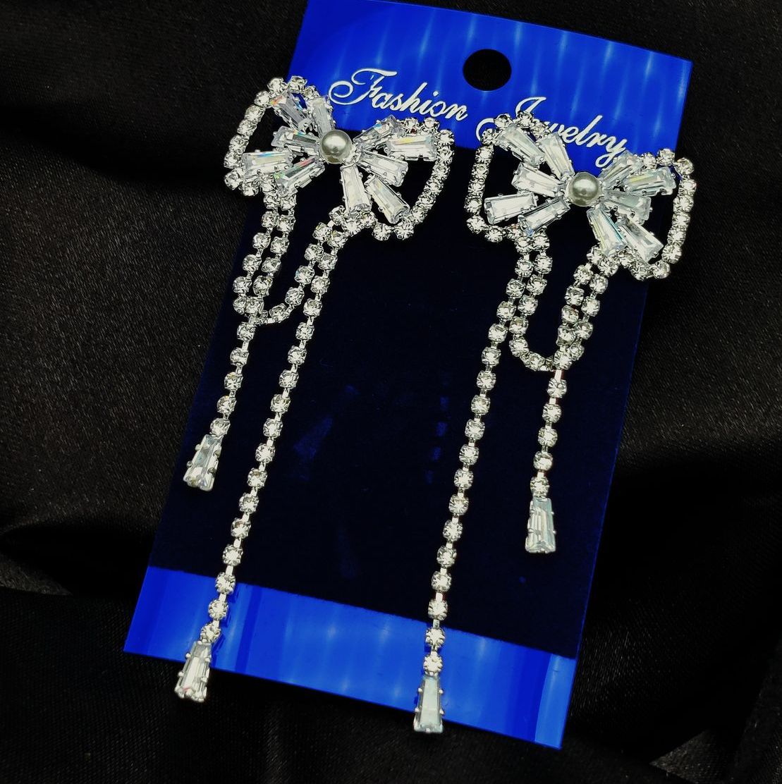 Imported Tarnish-Free Silver Sparkling Long Statement Earrings for Glamorous Evenings | Best Quality Earrings For Girls &amp; Women | Luxury Look Earrings (Silver) View Gallery - Pakistan