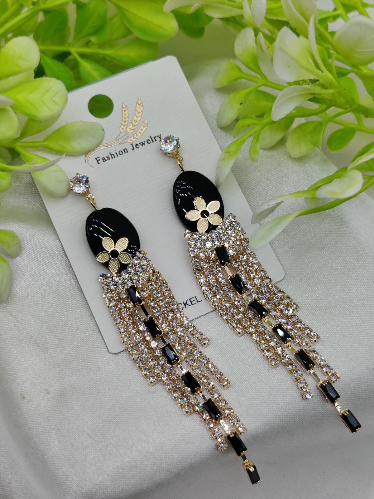 Imported Glamorous Long Tassel Earrings with Black and Crystal | Luxury Look Earrings | Girls Earrings | Women Earrings View Gallery - Pakistan