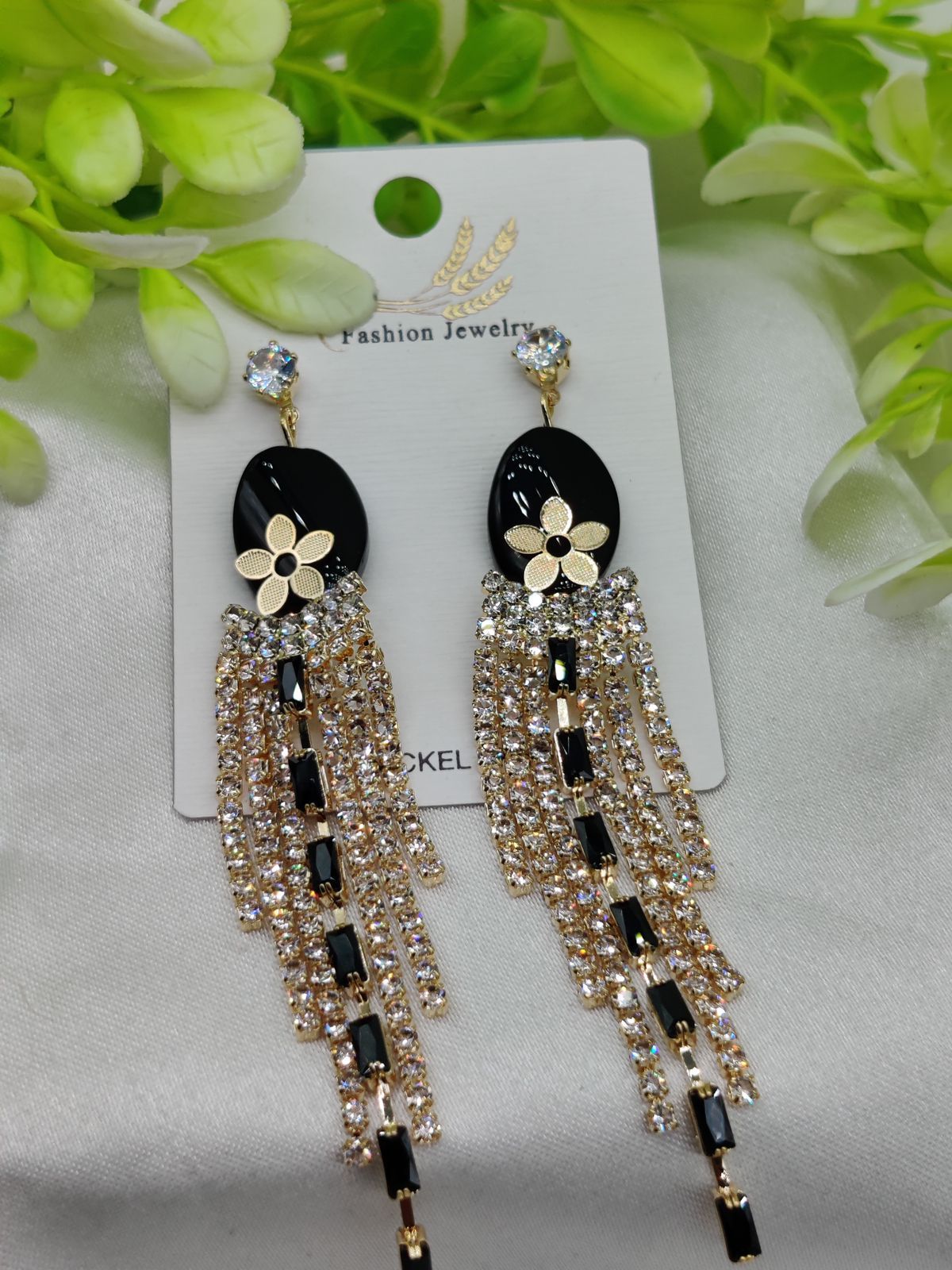 Imported Glamorous Long Tassel Earrings with Black and Crystal | Luxury Look Earrings | Girls Earrings | Women Earrings View Gallery - Pakistan