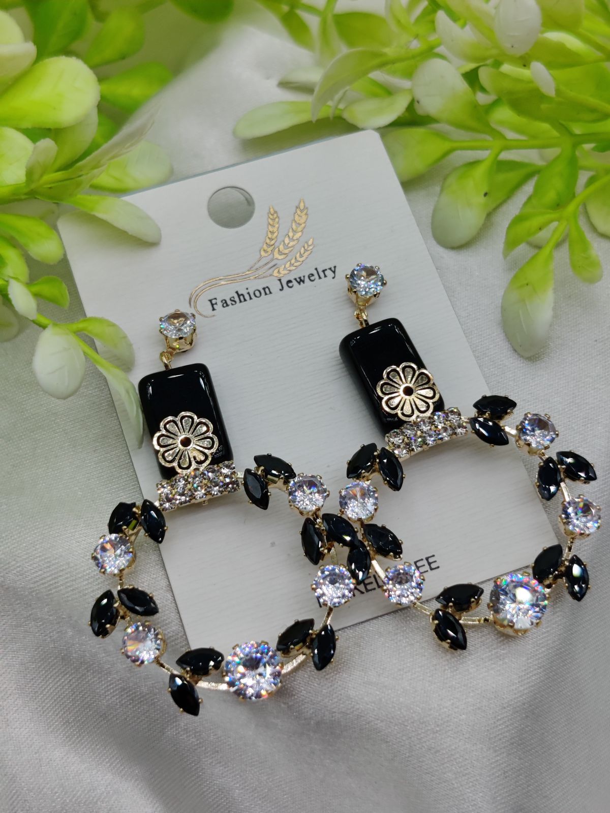Imported Elegant Floral Hoop Earrings with Black and Crystal Accents | Best Quality Earrings For Girls &amp; Women | Luxury Look Earrings View Gallery - Pakistan