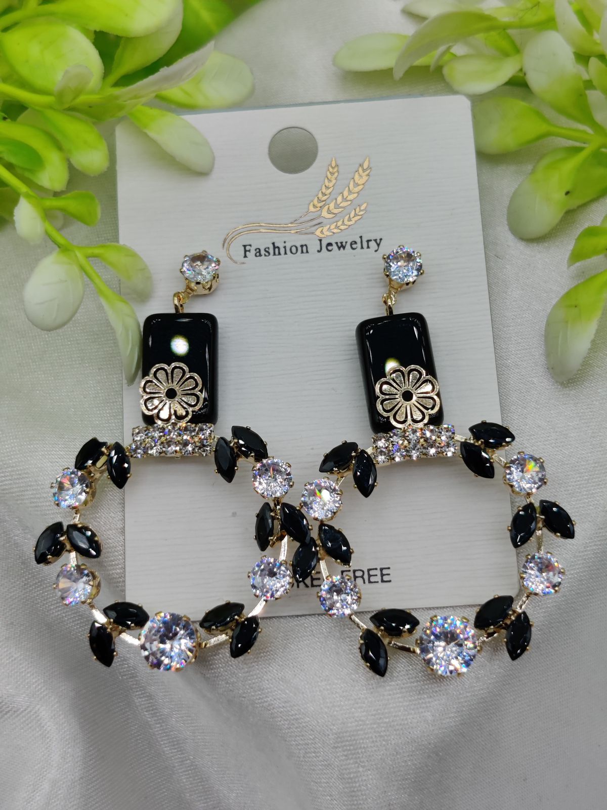 Imported Elegant Floral Hoop Earrings with Black and Crystal Accents | Best Quality Earrings For Girls &amp; Women | Luxury Look Earrings View Gallery - Pakistan