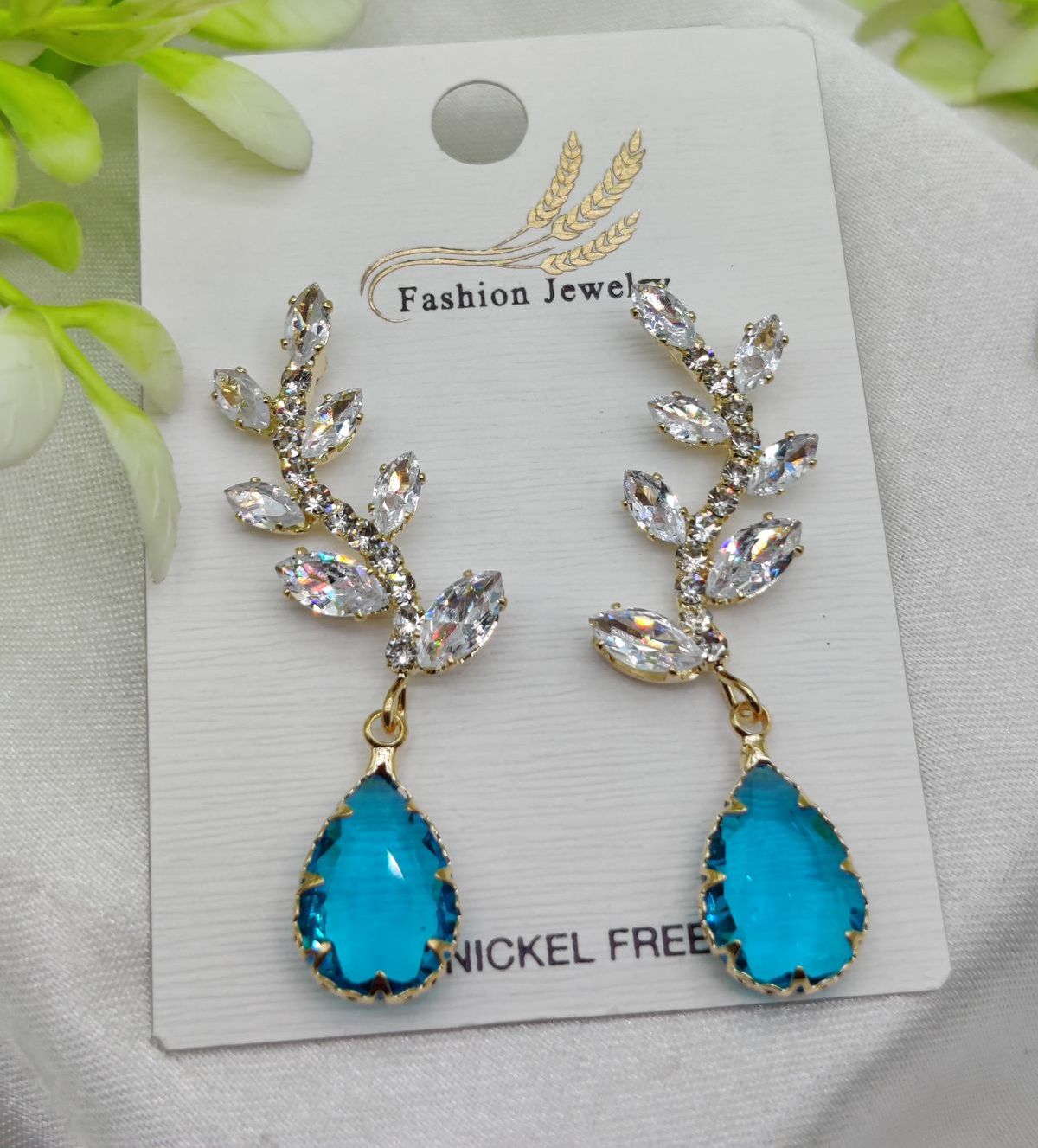 Imported Exquisite Crystal Vine Drop Earrings with Blue Gemstone Accent | Girls Earrings | Women Earrings | Jewellery View Gallery - Pakistan