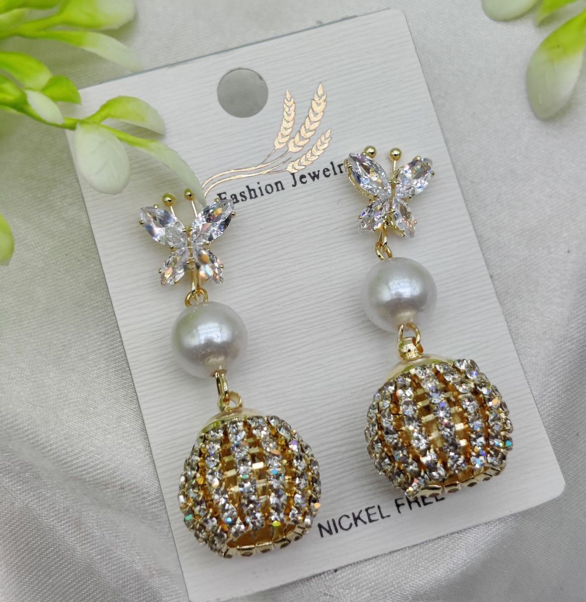 Import Elegant Butterfly Pearl Drop Earrings with Crystal Sphere Charm