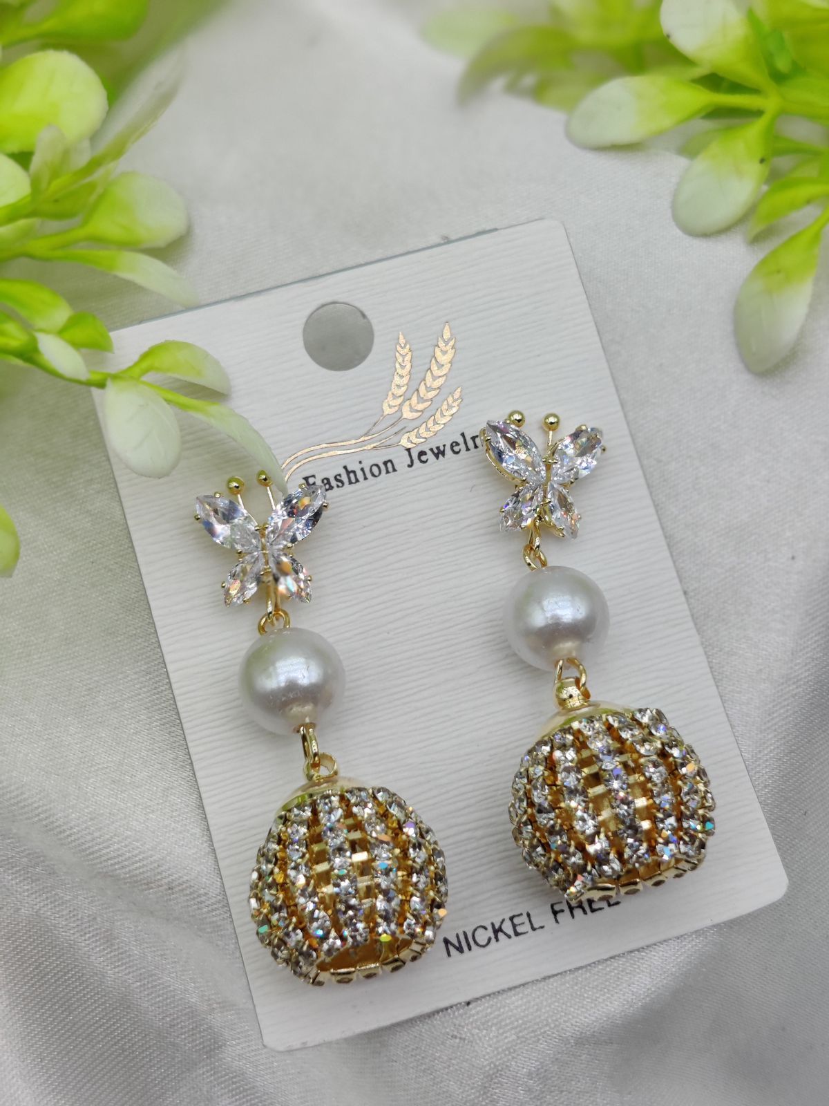 Import Elegant Butterfly Pearl Drop Earrings with Crystal Sphere Charm View Gallery - Pakistan