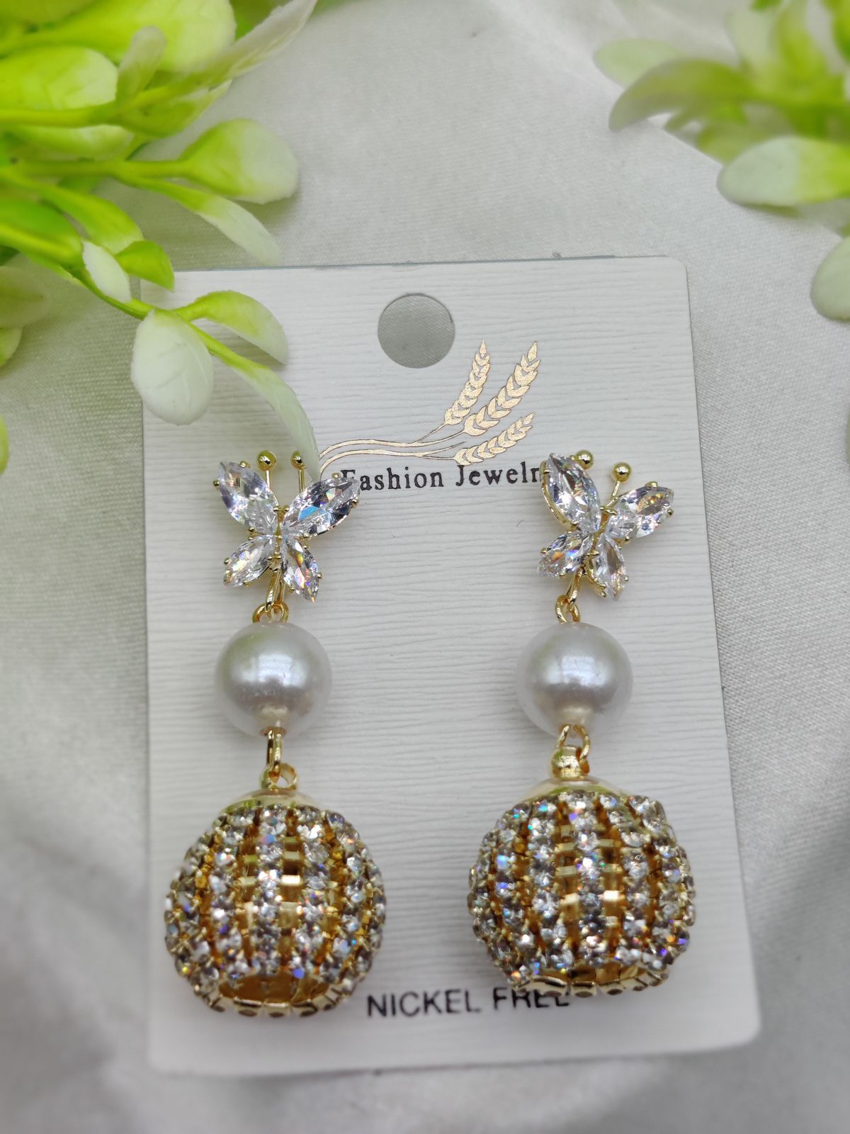 Import Elegant Butterfly Pearl Drop Earrings with Crystal Sphere Charm View Gallery - Pakistan