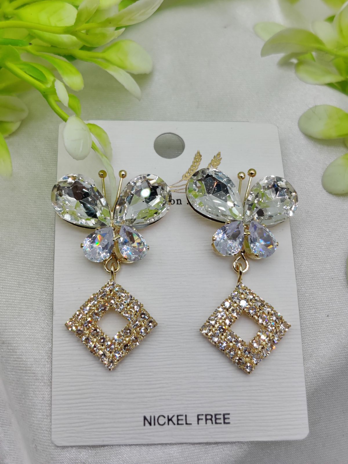 Imported Dazzling Butterfly and Diamond Drop Earrings – Nickel-Free Sparkle View Gallery - Pakistan