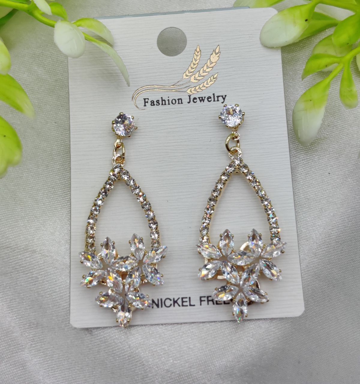 Imported Elegant Crystal Floral Drop Earrings – Nickel Free Earrings - Luxurious Gold Finish | Best Quality Artificial Earrings For Girls &amp; Women View Gallery - Pakistan