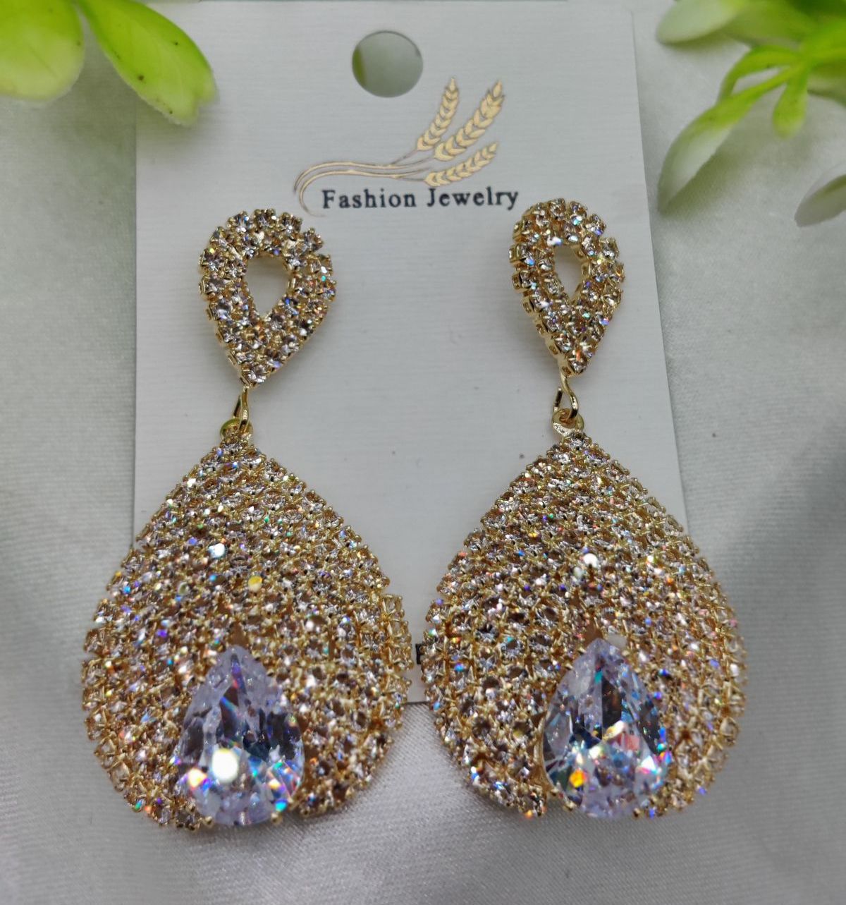 Luxurious Teardrop Crystal Earrings with Pave Detailing Earrings - Luxurious Gold Finish | Best Quality Artificial Earrings For Girls &amp; Women View Gallery - Pakistan