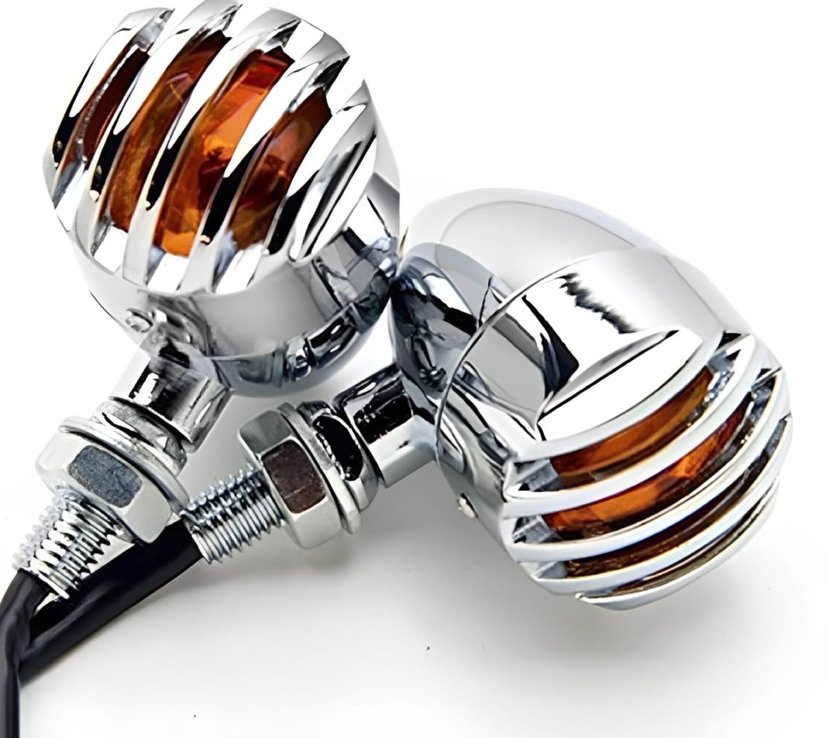 4 pcs 12V Universal Motorcycle Grill Turn Signal Lights – Amber LED, Chrome Body, Compatible with Honda, Yamaha, Kawasaki, Sportster 1200, and More.
