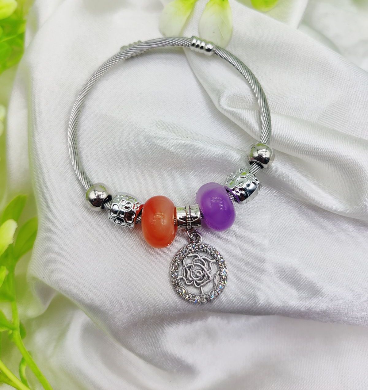 1 Piece Imported Elegant Pandora Bracelet with Rose Charm and Beaded Accents | Best Quality Bracelet For Girls &amp; Women | Girls &amp; Women Jewellery View Gallery - Pakistan