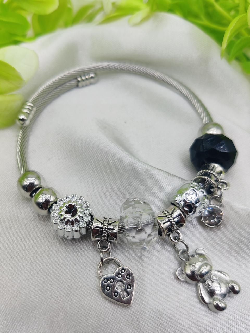 1 Piece Imported Pandora-Inspired Silver Charm Bracelet – Heart &amp; Teddy Accents | Best Quality Bracelet For Girls &amp; Women | Girls &amp; Women Jewellery View Gallery - Pakistan