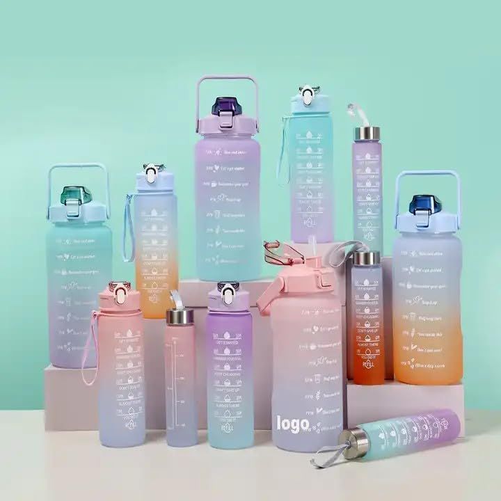 Sports Water Bottles 3 Pcs Set with Motivational Time Marker &amp; Leak Proof Flip Top Lid  (random color) View Gallery - Pakistan