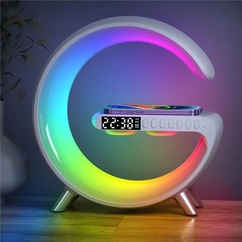 G63 RGB Light Bluetooth Speaker with 10W wireless charging  4 in 1 LED Atmosphere RGB Night Light Alarm Clock Desk Lamp Bluetooth Speaker Wireless Charging Modern View Gallery - Pakistan