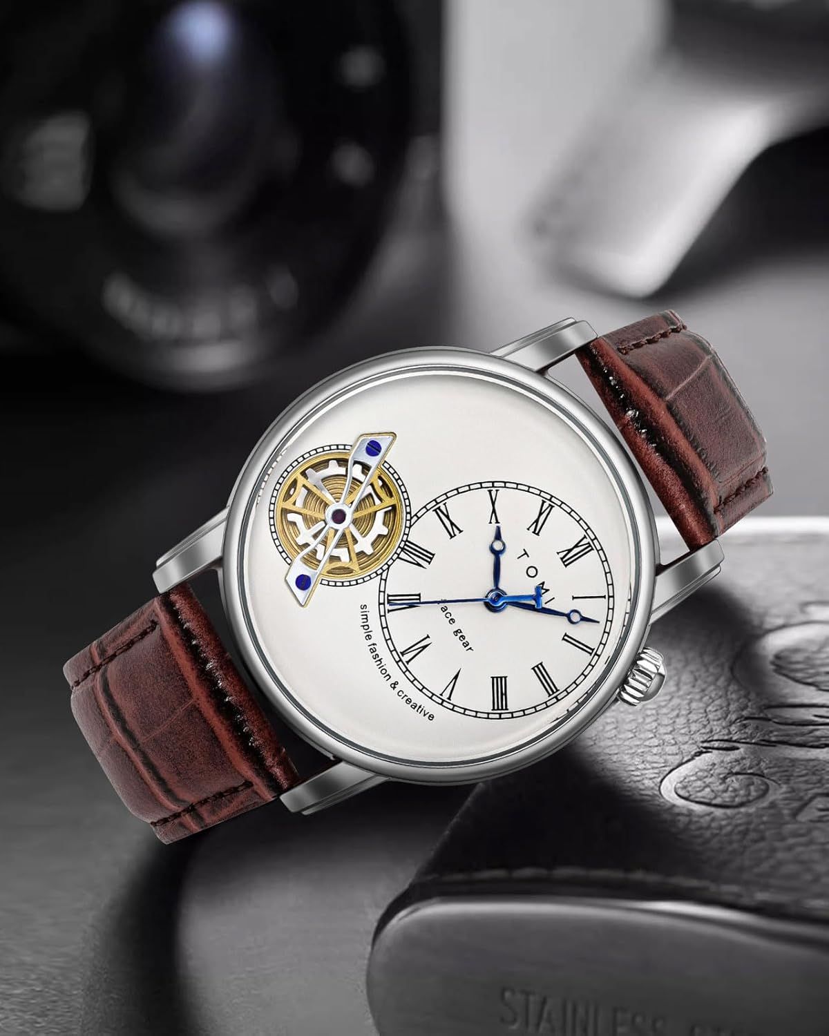 Men's Watch Analog Leather Wrist Watch – Elegant Quartz Watch with Double Strap &amp; 3ATM Waterproof ( Random Color ) View Gallery - Pakistan