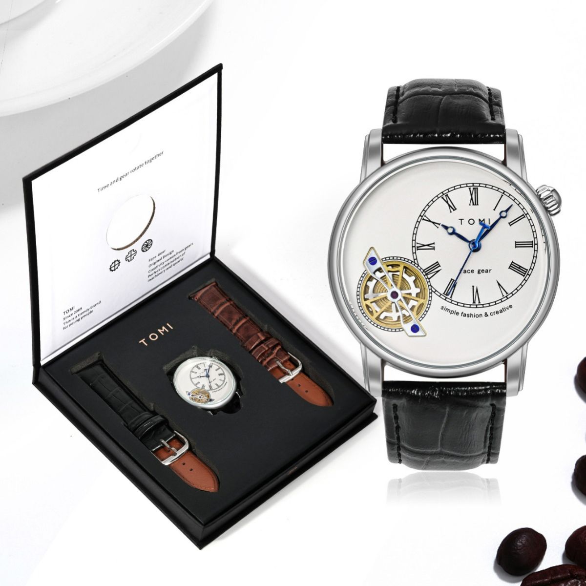 Men's Watch Analog Leather Wrist Watch – Elegant Quartz Watch with Double Strap &amp; 3ATM Waterproof ( Random Color ) View Gallery - Pakistan