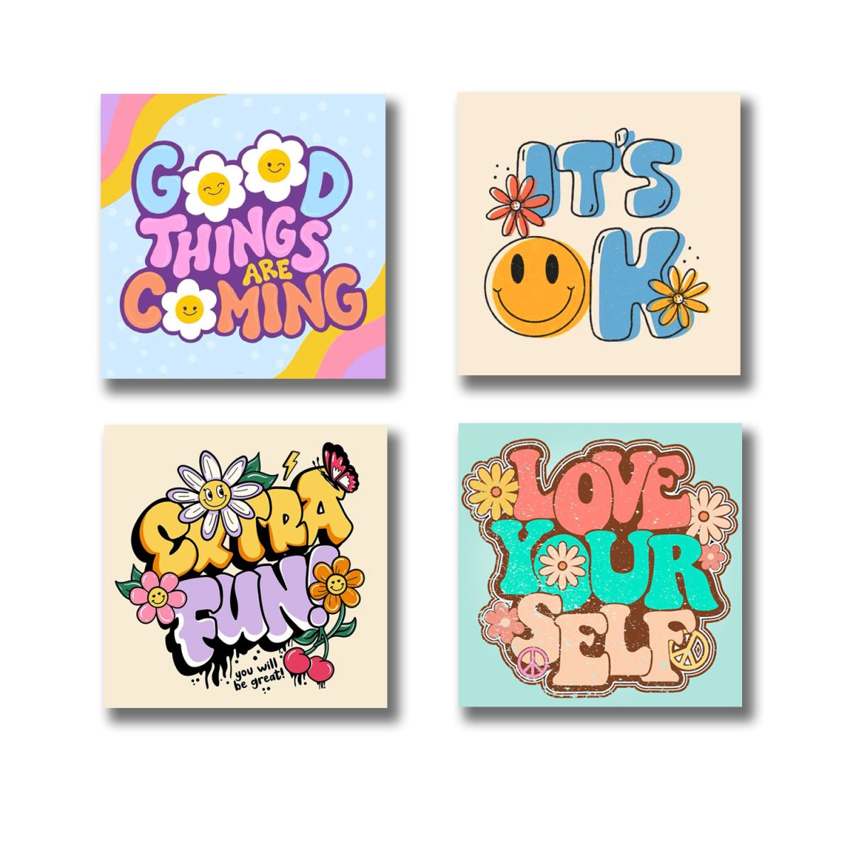 Pack of 4 Colourful Motivational Words Pictures Wooden Frames 8 by 8 inches Size for Kids and girls Room Wall Art Decoration / Sticky Phototiles View Gallery - Pakistan
