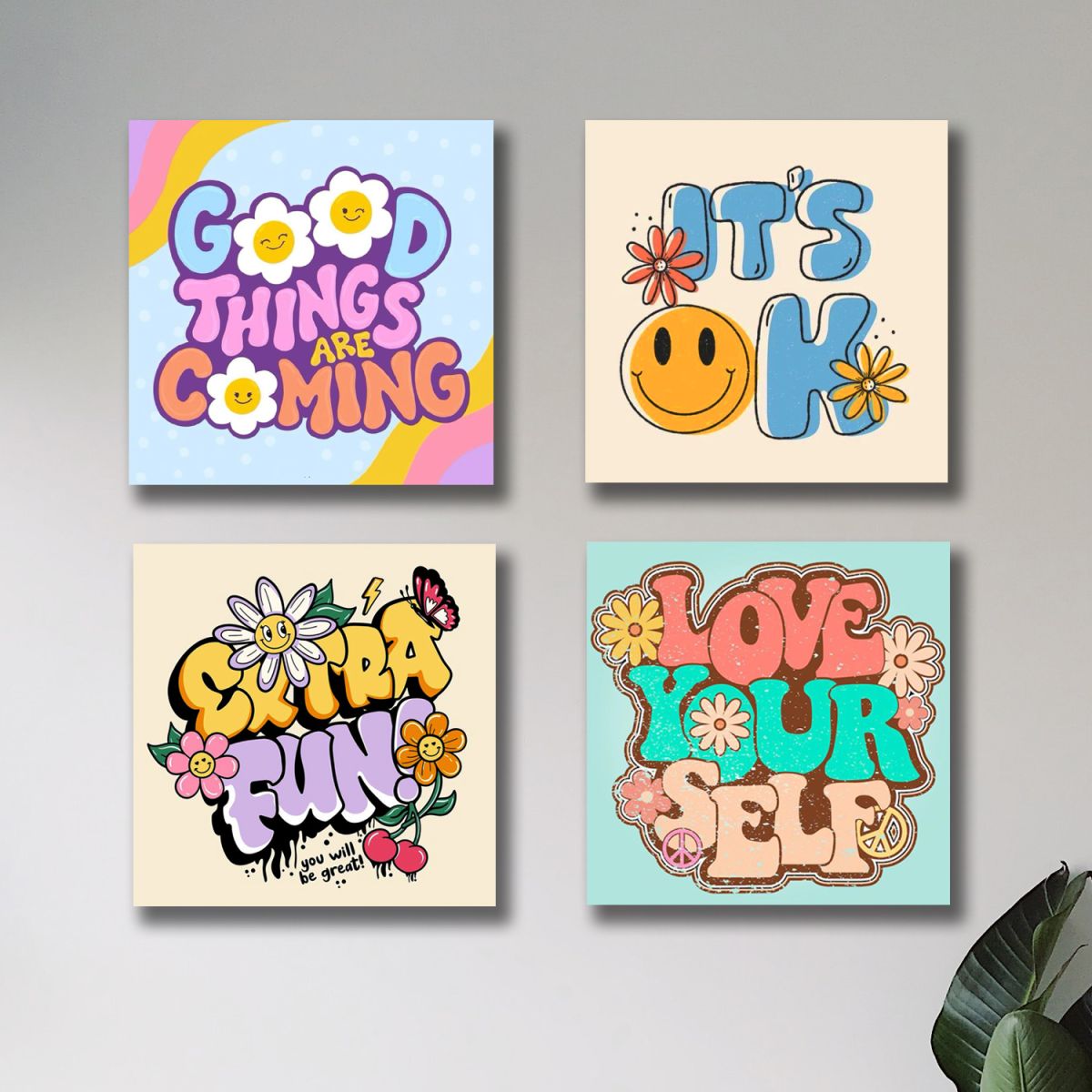 Pack of 4 Colourful Motivational Words Pictures Wooden Frames 8 by 8 inches Size for Kids and girls Room Wall Art Decoration / Sticky Phototiles View Gallery - Pakistan