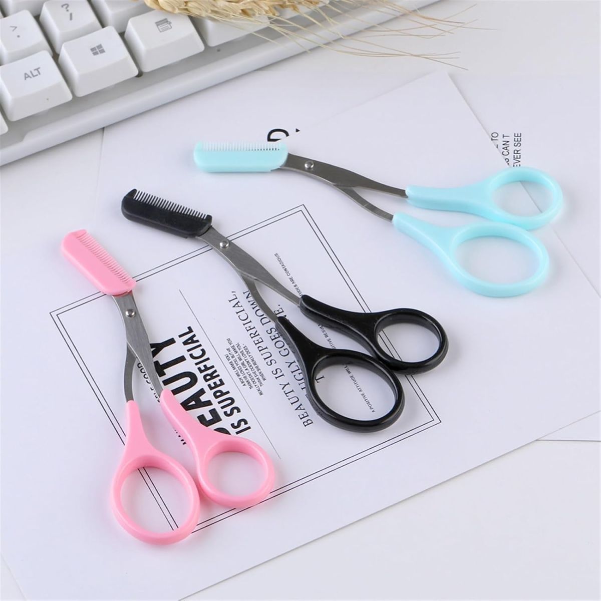 Scissors Eyebrow Trimmer Scissors Comb Stainless Steel Brow Hair Scissors Clips Shaping Grooming Trimmer Makeup Accessories(random color)