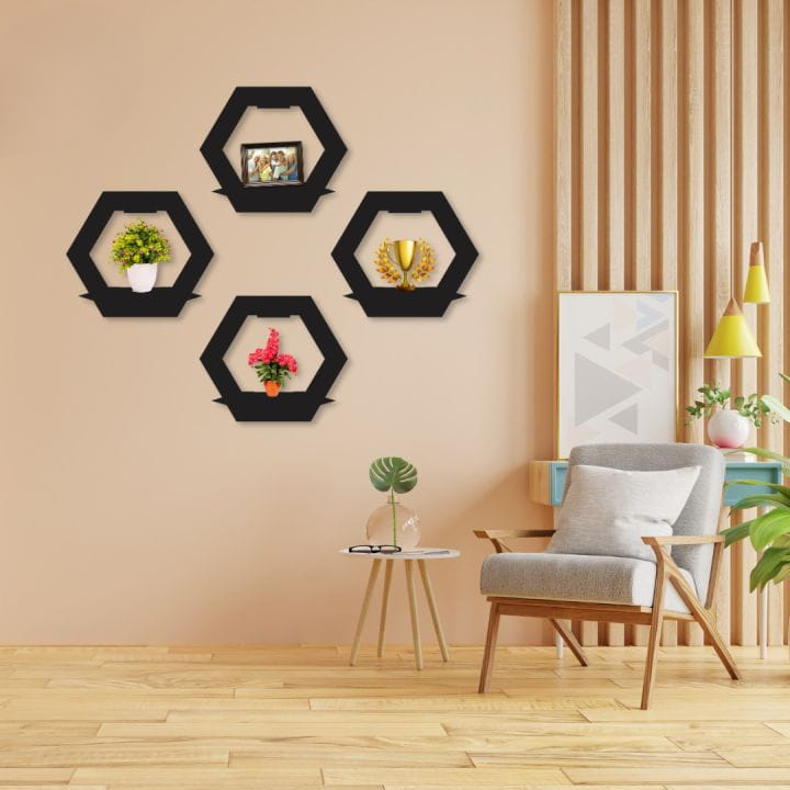 (3 pcs set ) Hexagon Shape 3D Wooden Wall Shelf | Wall Shelves for Home Decor Living Room /  for Kids Room and Girls Room and for Gift Items View Gallery - Pakistan