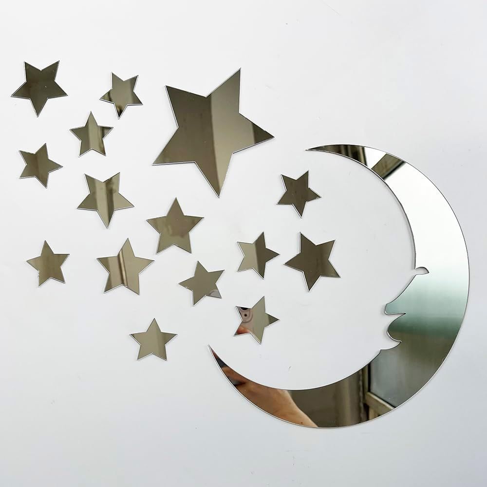 15 stars and 1 moon Silver Acrylic Wall Stickers / Stickers Decals for Kids Girls Bedroom Bathroom Playroom