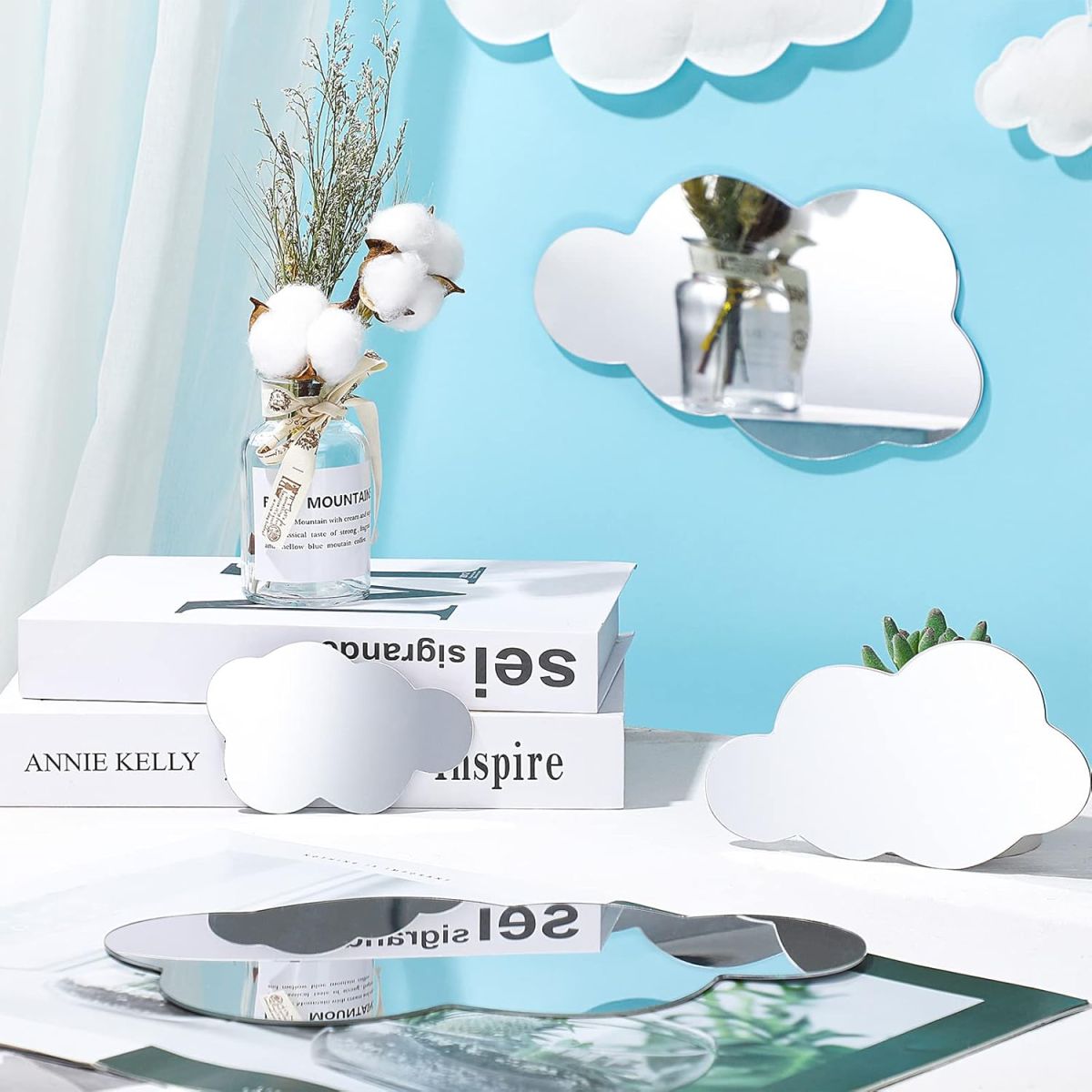 8 Pcs  Acrylic Cloud Shape Mirror Wall Art Decor Cloud Mirror Stickers Decals for Kids Girls Bedroom Bathroom Playroom silver View Gallery - Pakistan