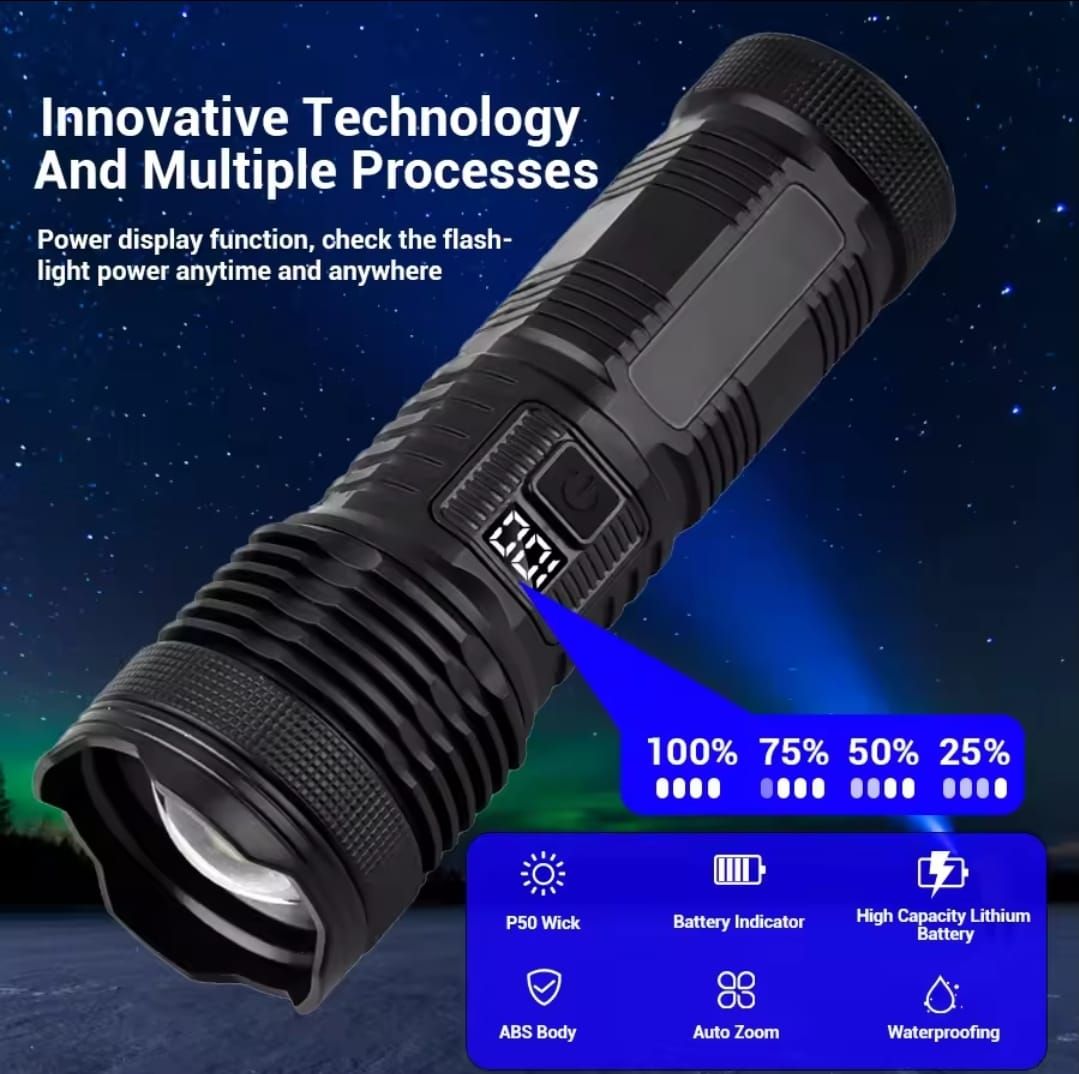 Most Powerful P50 FlashLight Flash light 5 Modes Usb Zoom Led Torch Built-in 18650 Battery Camping, Fishing View Gallery - Pakistan