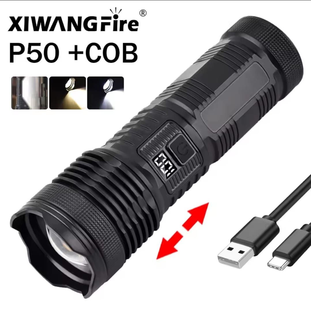 Most Powerful P50 FlashLight Flash light 5 Modes Usb Zoom Led Torch Built-in 18650 Battery Camping, Fishing View Gallery - Pakistan