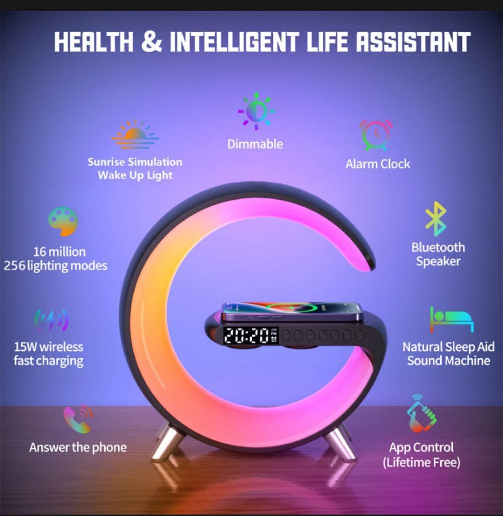 G11  G Shape Bluetooth Speaker Multifunctional Lamp Digital Alarm Wirless Charging Memory Card Supported View Gallery - Pakistan