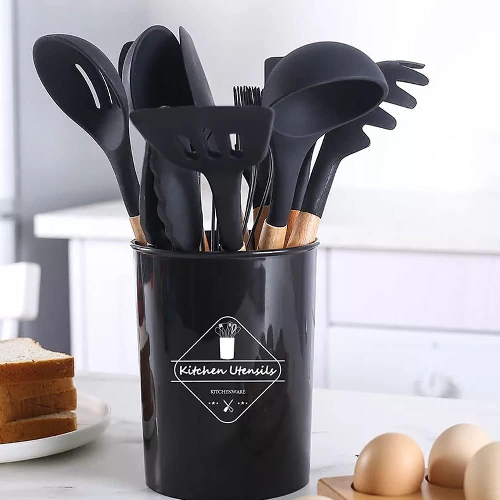 12 Pcs Silicone Cooking Utensils Kitchen Utensil Set | Heat Resistant Kitchen Non toxic Spatula Set with Turner Tongs,Spoon,Brush,Whisk-Wooden Handle View Gallery - Pakistan