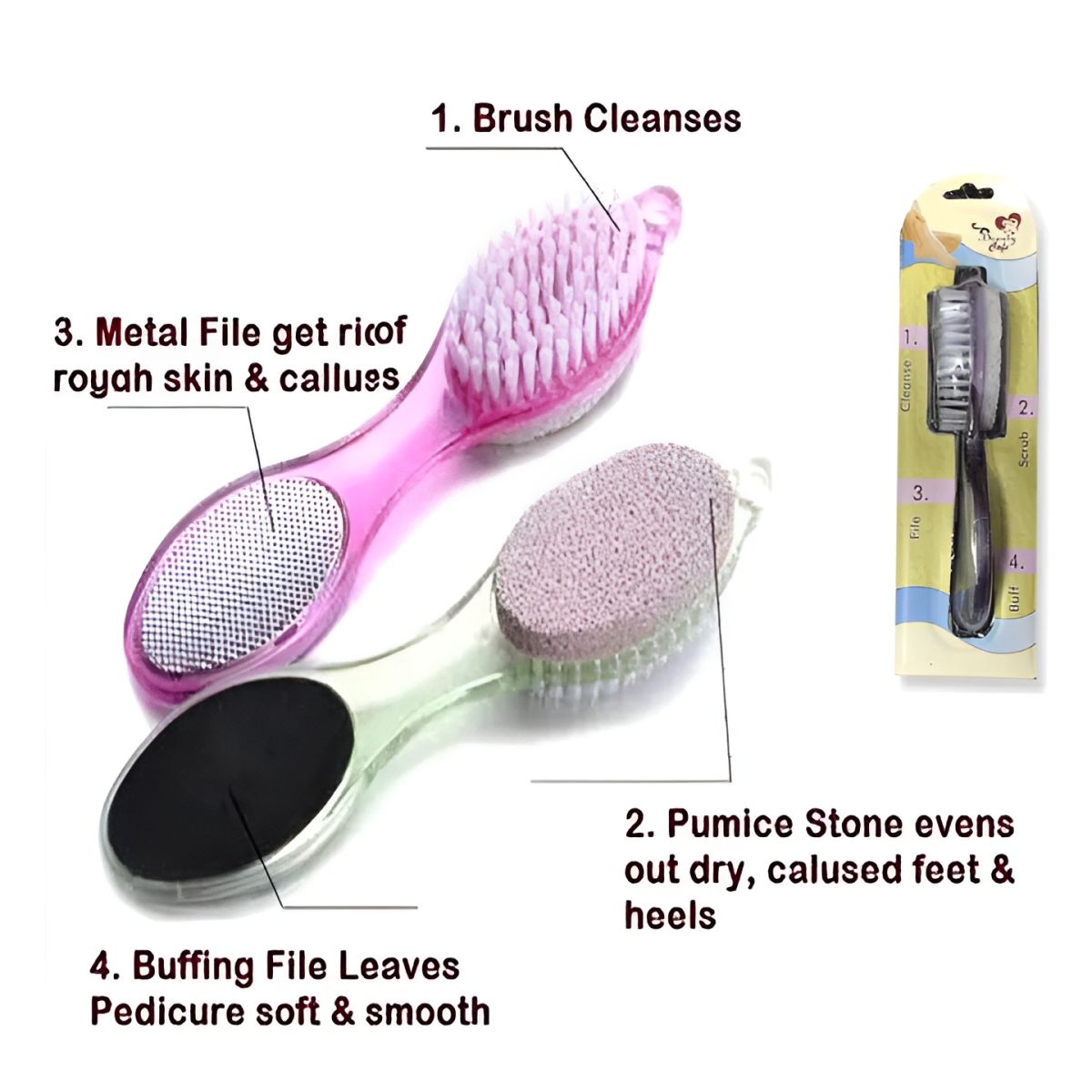 4 In 1 Foot Scrubber | Multi Use Pedicure Paddle Brush - 4 Step Pedicure Cleanse, Scrub, File And Buff (Random color) View Gallery - Pakistan